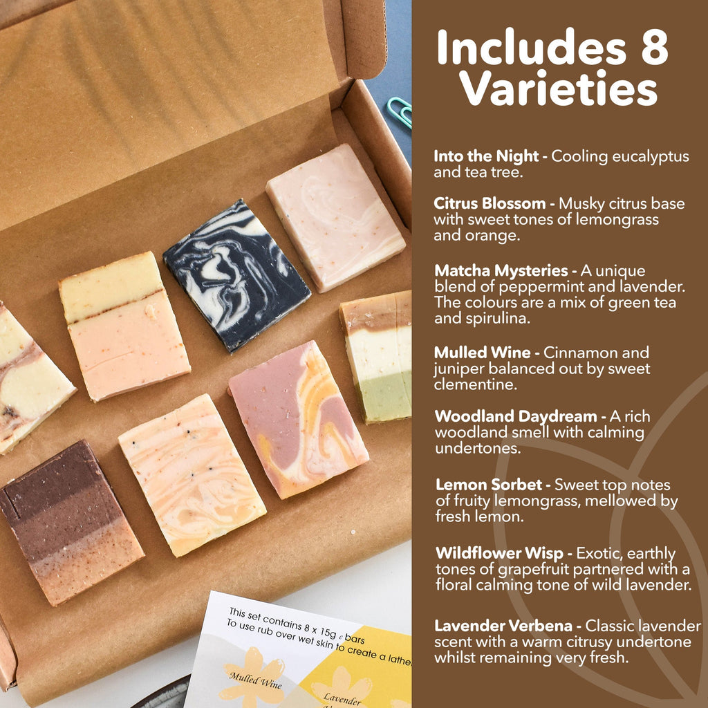 Soap Sampler Gift Set | 8 x 15g Mini Travel Soaps | Natural Handcrafted Letterbox Gift | Vegan, Plastic-Free Skincare