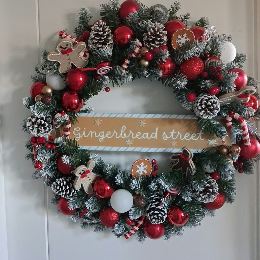 22-inch gingerbread Christmas wreath with red and white baubles and Gingerbread Street sign