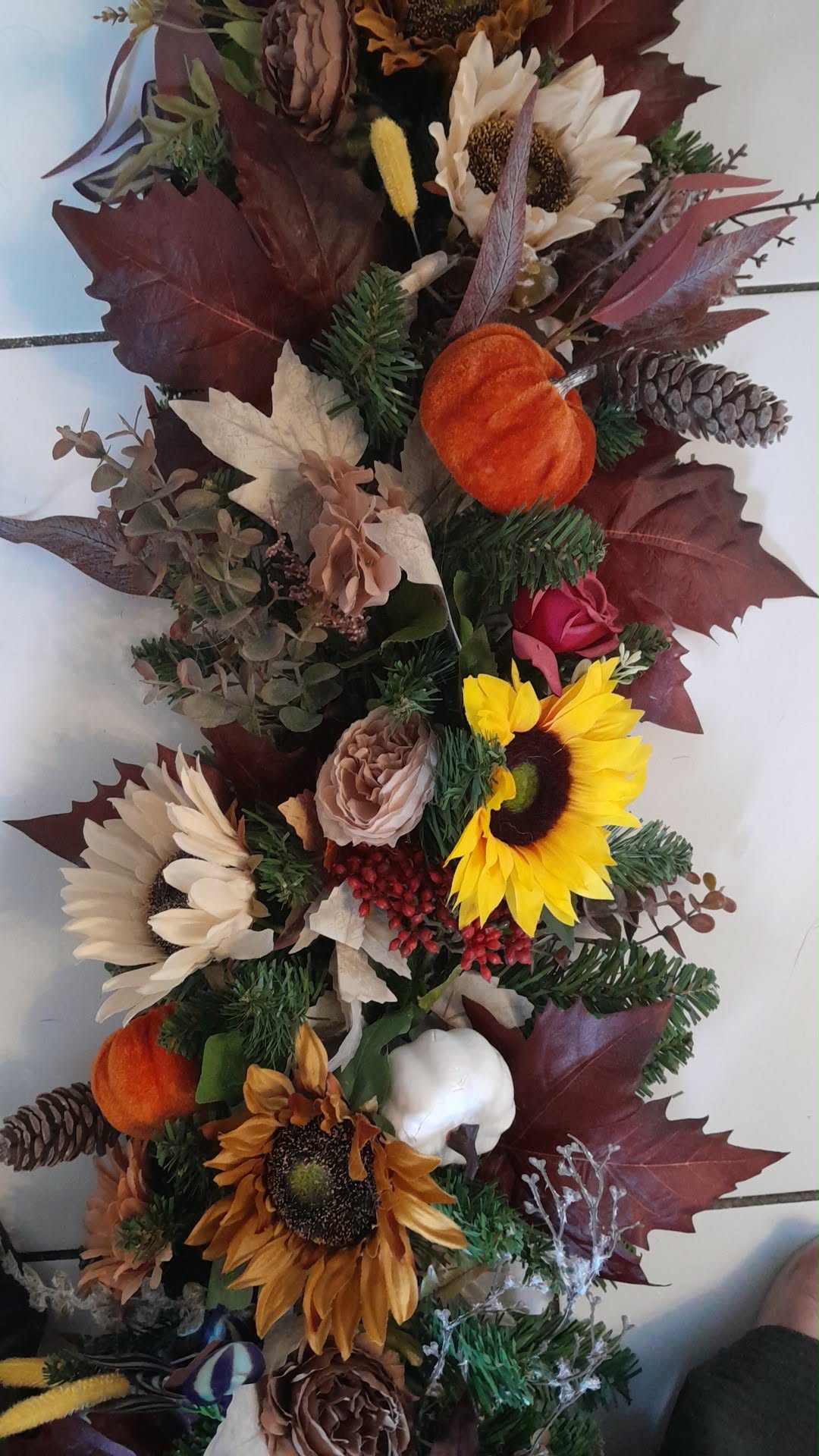 Luxury Autumn Door Garland detail showing sunflowers, cream chrysanthemums and burgundy leaves