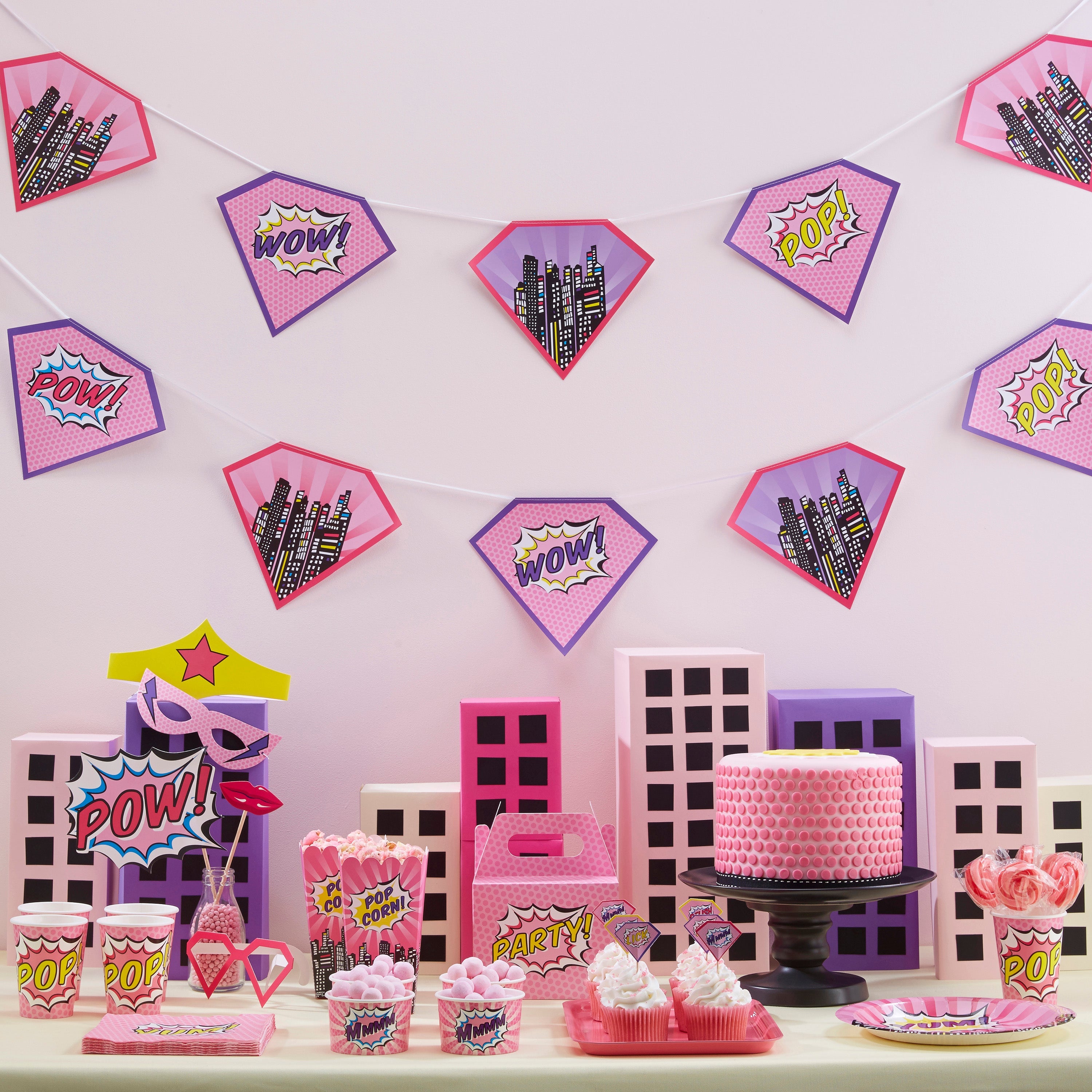 Pink Paper Bunting - Pop Art Superhero Party
