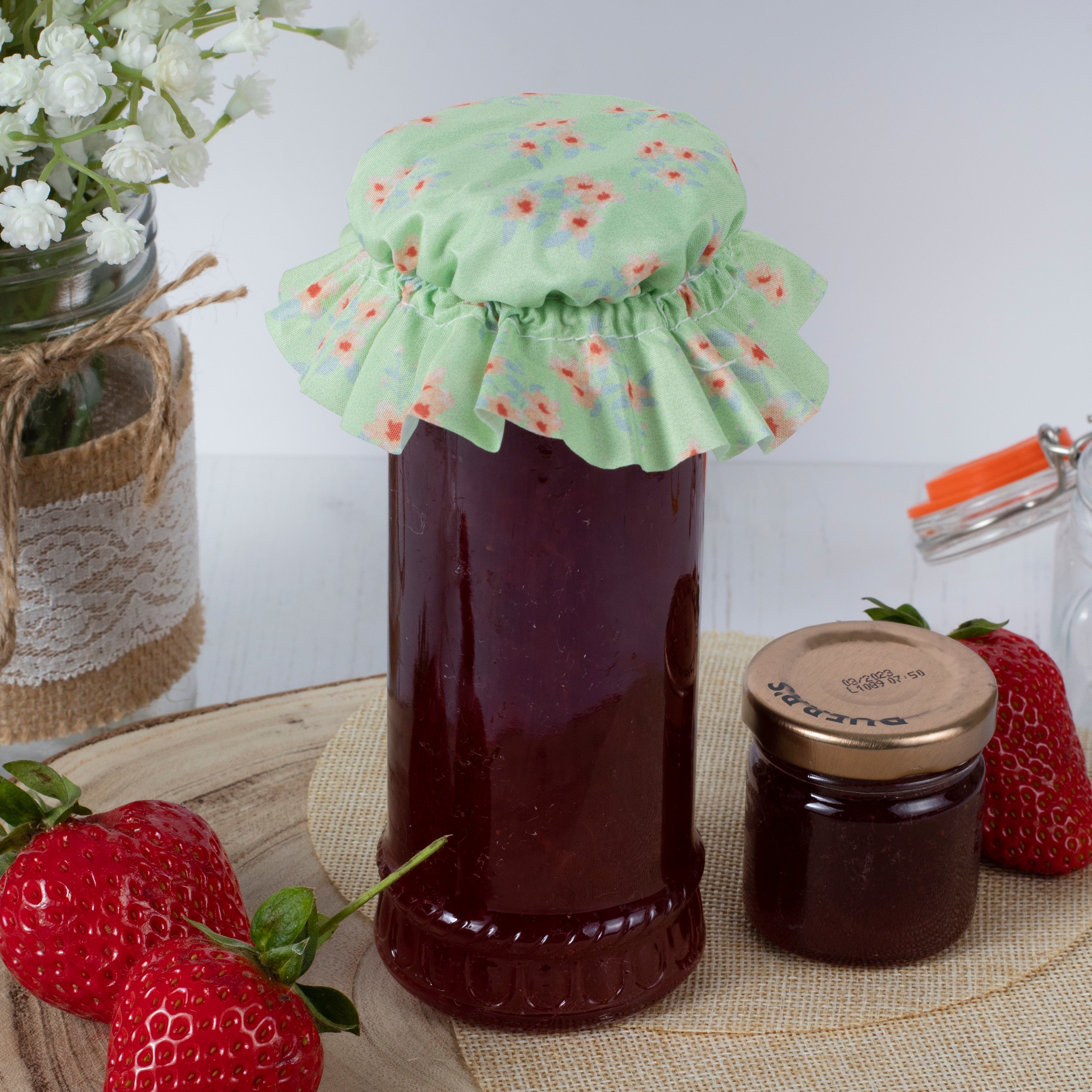 Green Floral Jam Jar Fabric Topper - Large