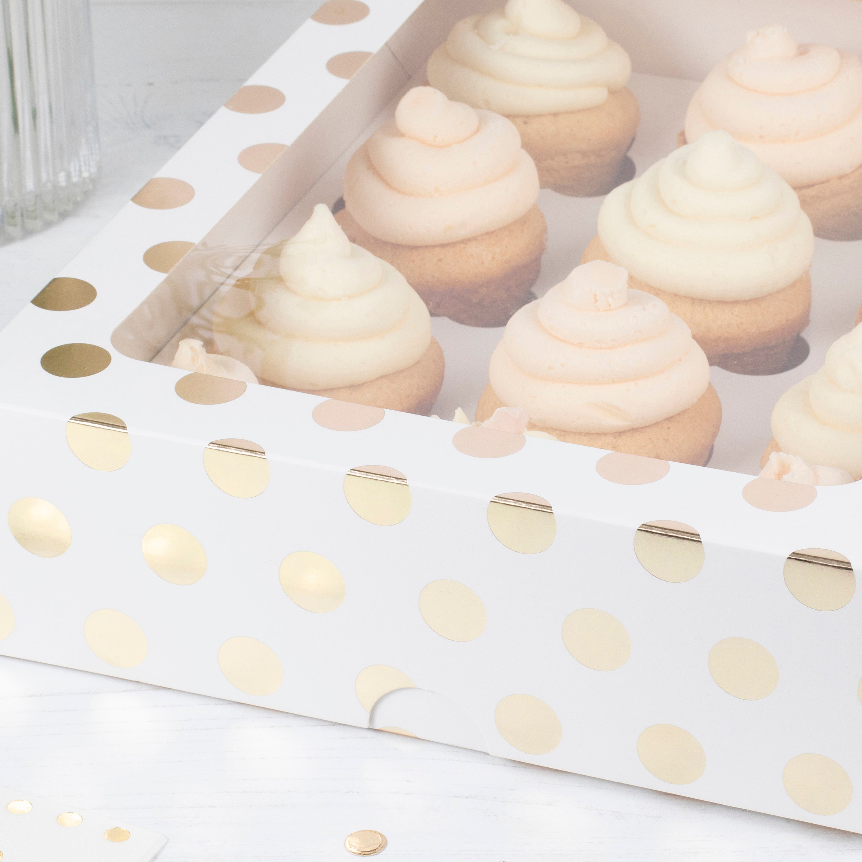 White and Gold Polka Dot 12 Hole Cupcake Box- 10 Inner Pack