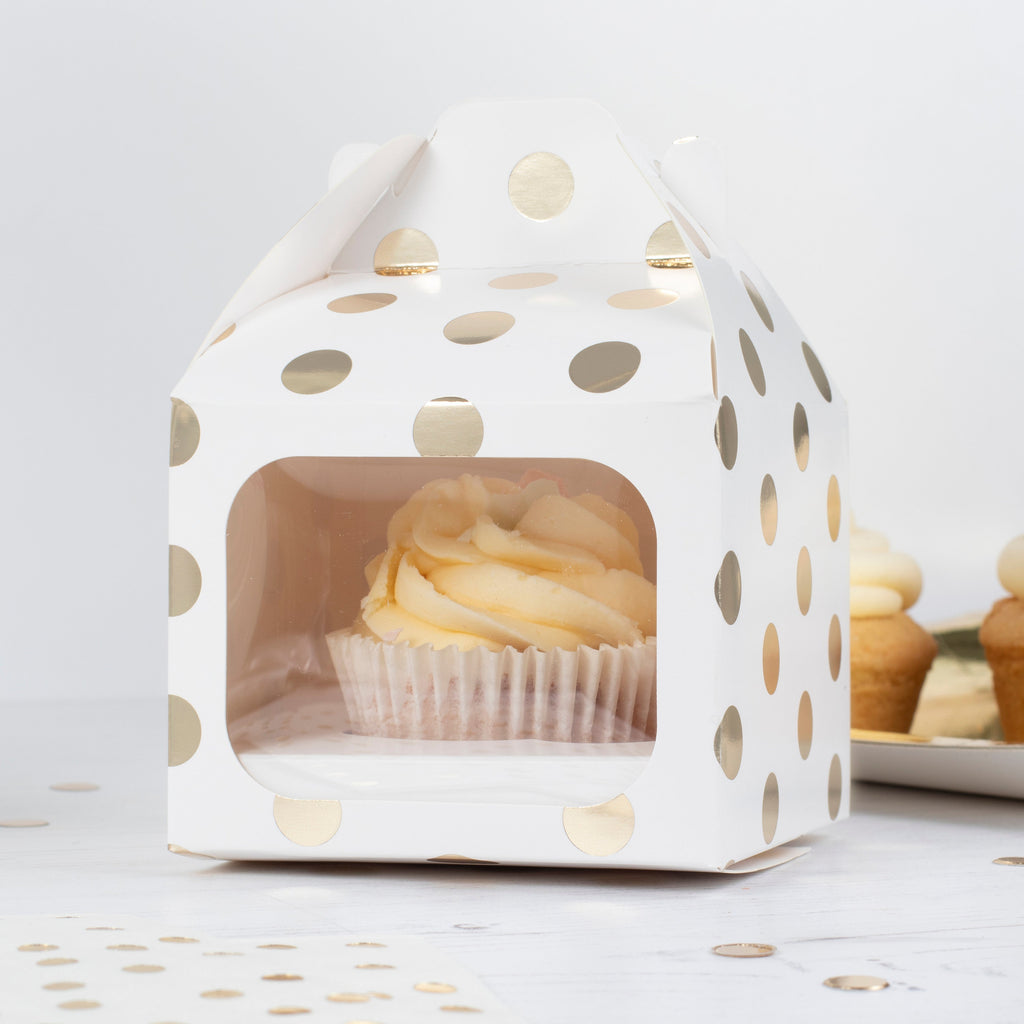 White and Gold Polka Dot Single Cupcake Box- 10 Inner Pack