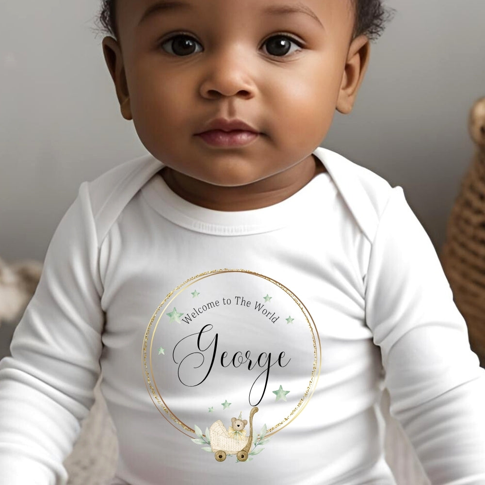 Personalised Welcome to the World Baby Outfit: Bib, Vest, Baby Grow