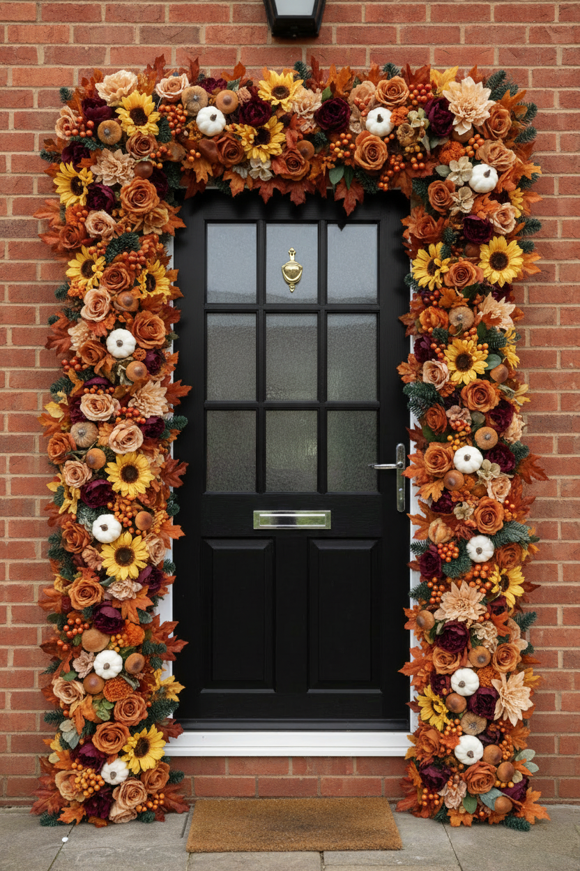 Autumn door frame garland on black front door brick house