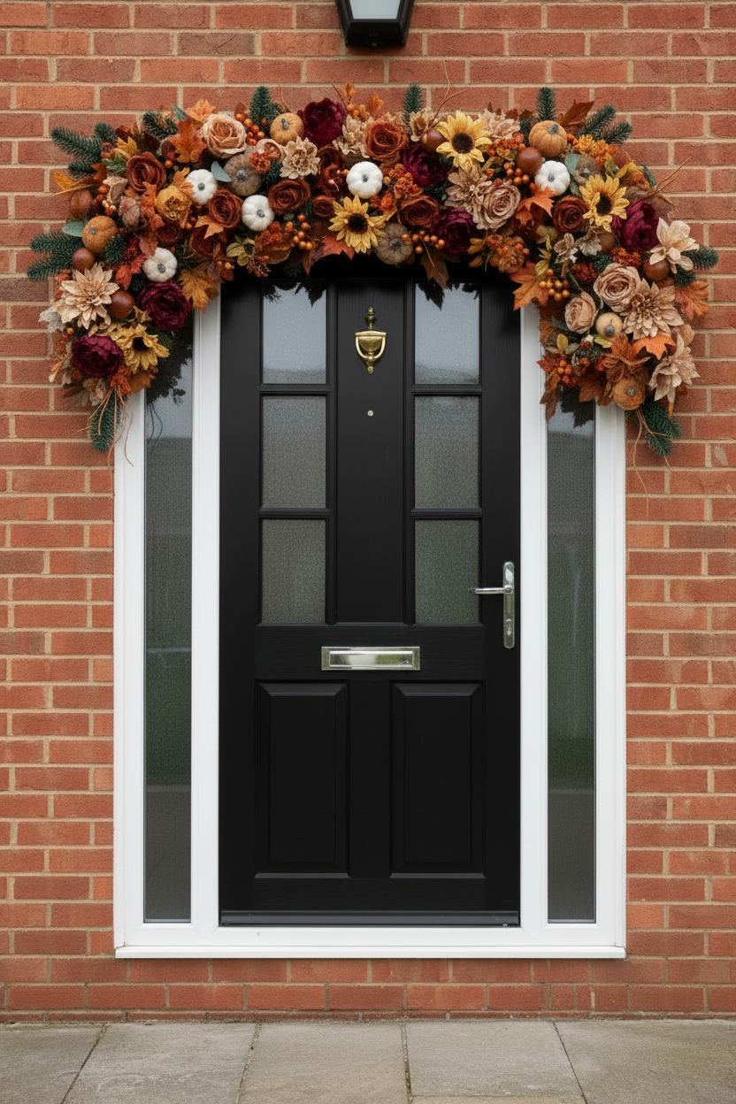Autumn floral garland across top of door only, no sides