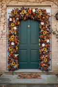 Luxury Autumn Door Garland displayed around a teal front door with sunflowers, pumpkins and burgundy maple leaves