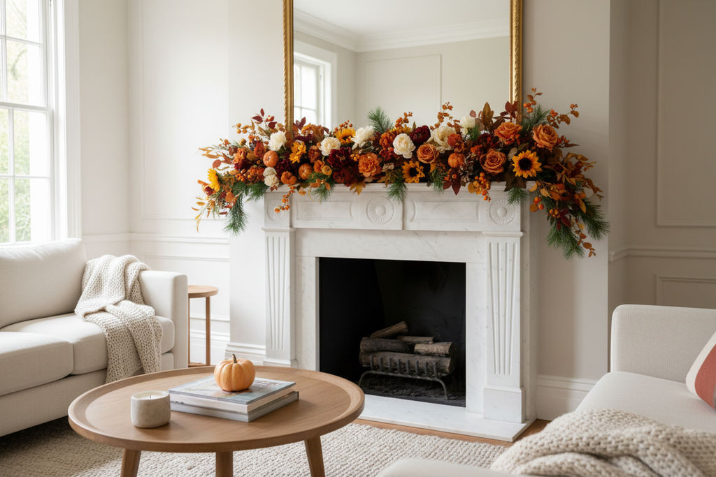 Autumn garland lying flat along fireplace mantel top