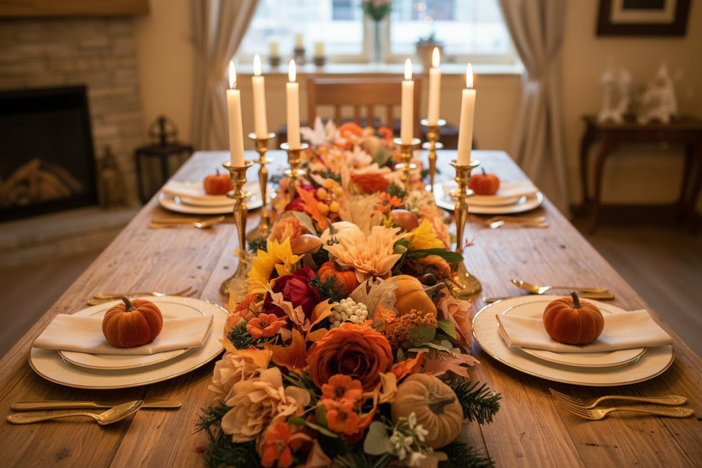 Autumn garland table runner from low side angle