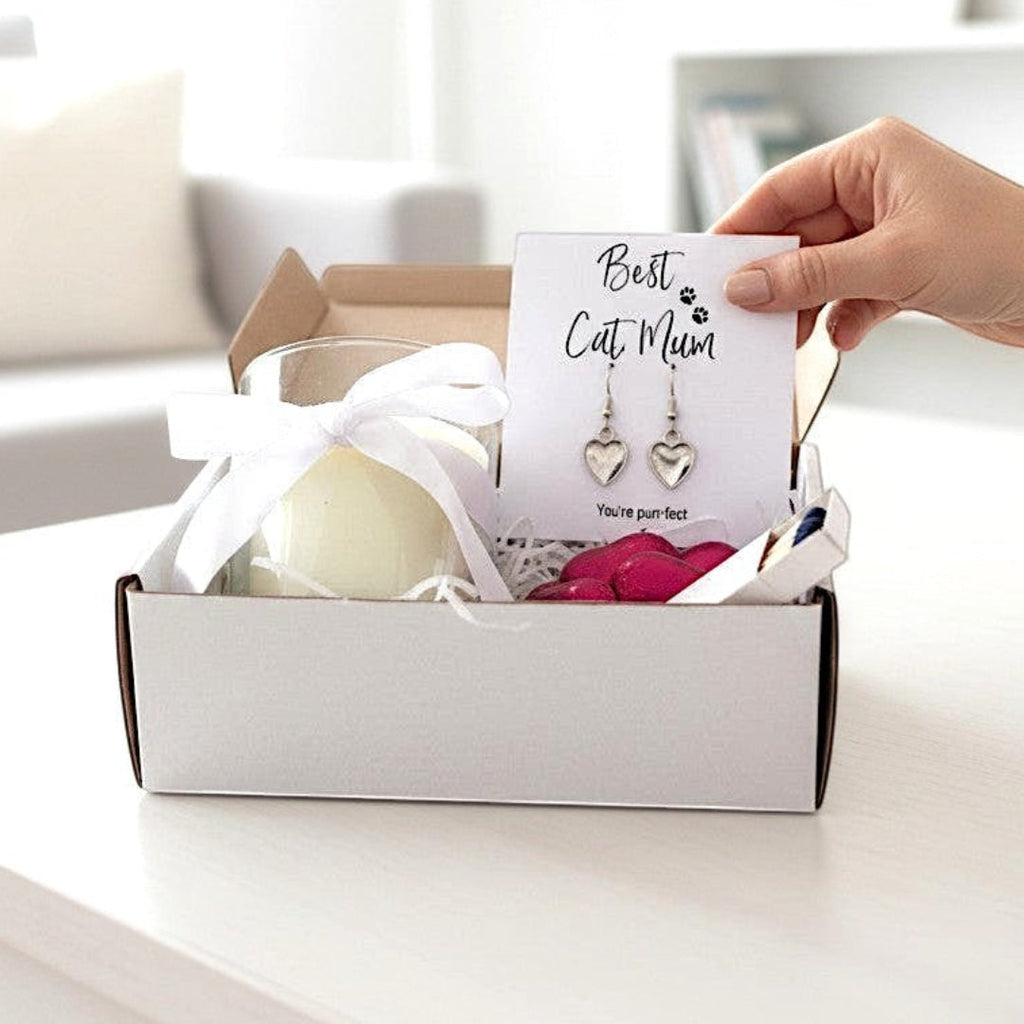 Small Best Cat Mum Gift Hamper Heart Earrings Chocolates & Candle