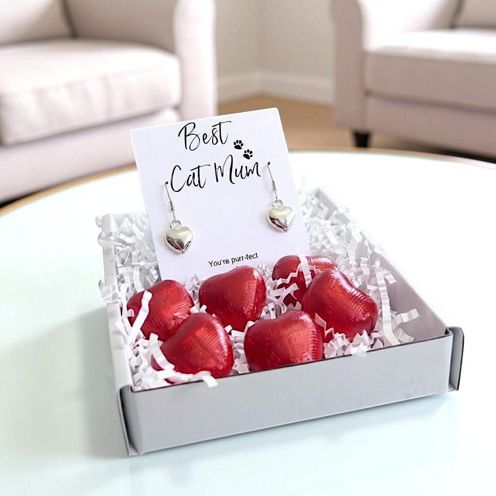 Best Cat Mum Mini Gift Hamper Silver Heart Earrings