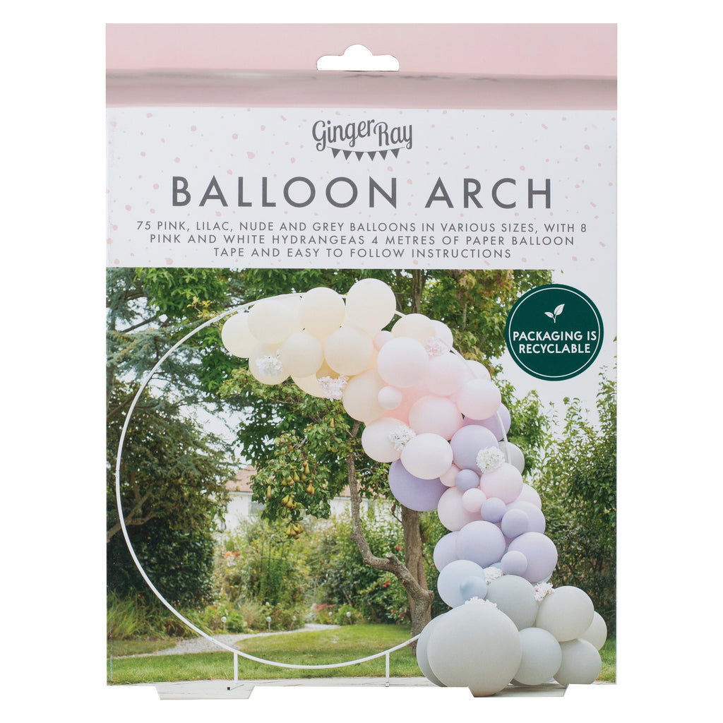 Luxe Pink, Lilac & Grey Balloon Arch with Hydrangeas