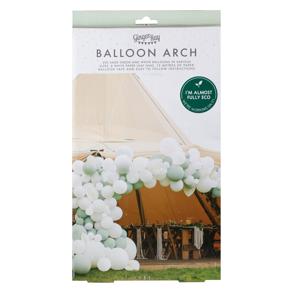 Luxe Sage & White Balloon Arch with White Fans