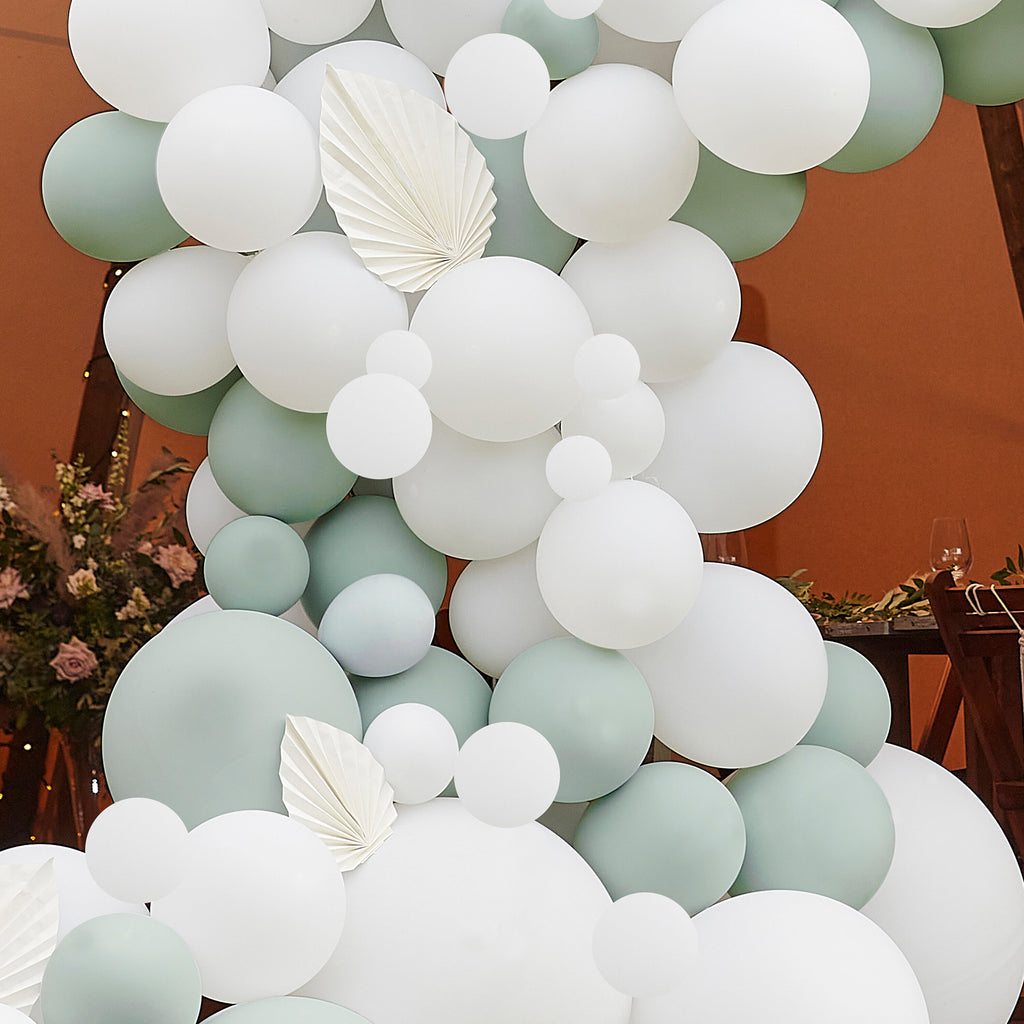Luxe Sage & White Balloon Arch with White Fans- 5 Inner Pack