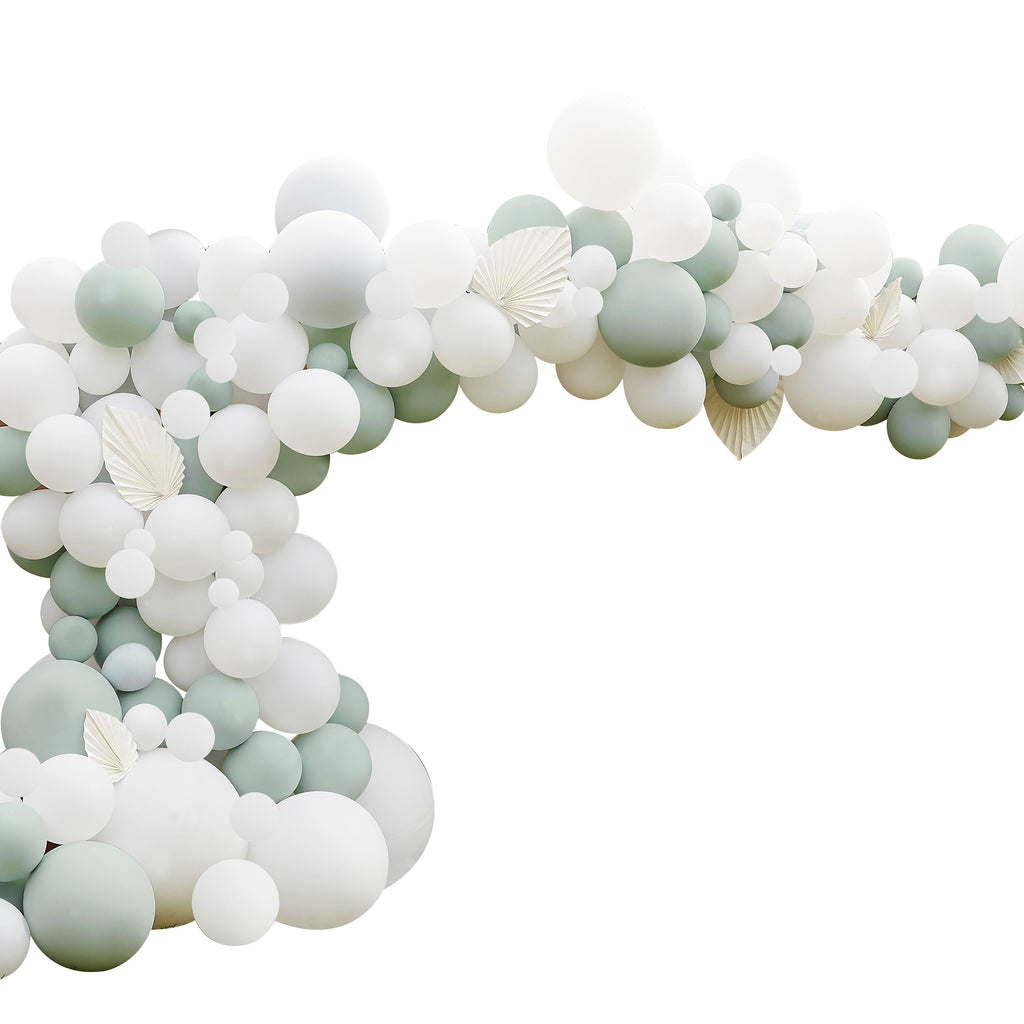 Luxe Sage & White Balloon Arch with White Fans- 5 Inner Pack