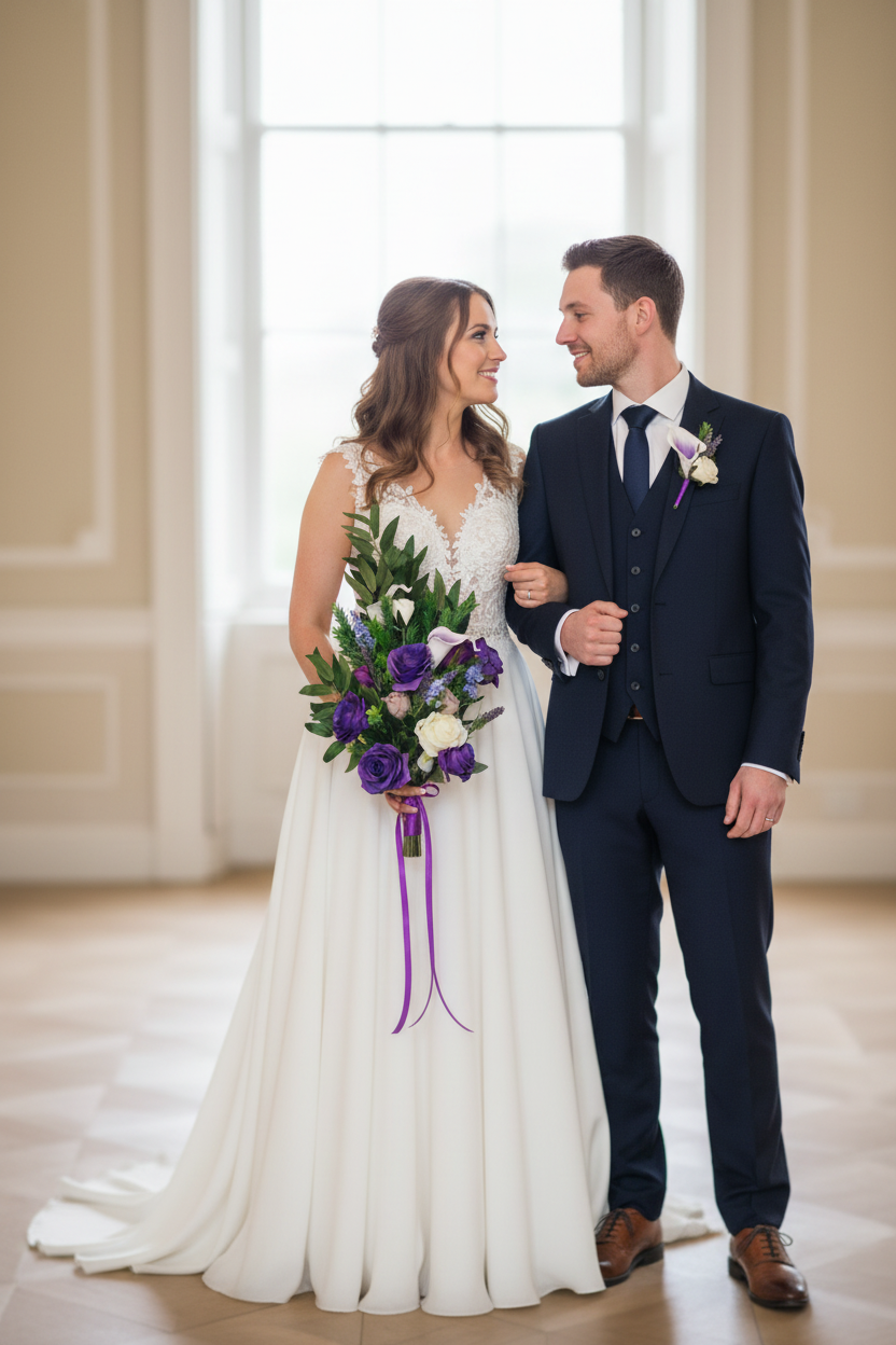 Bride and Groom with Exact Bouquet and Buttonhole
