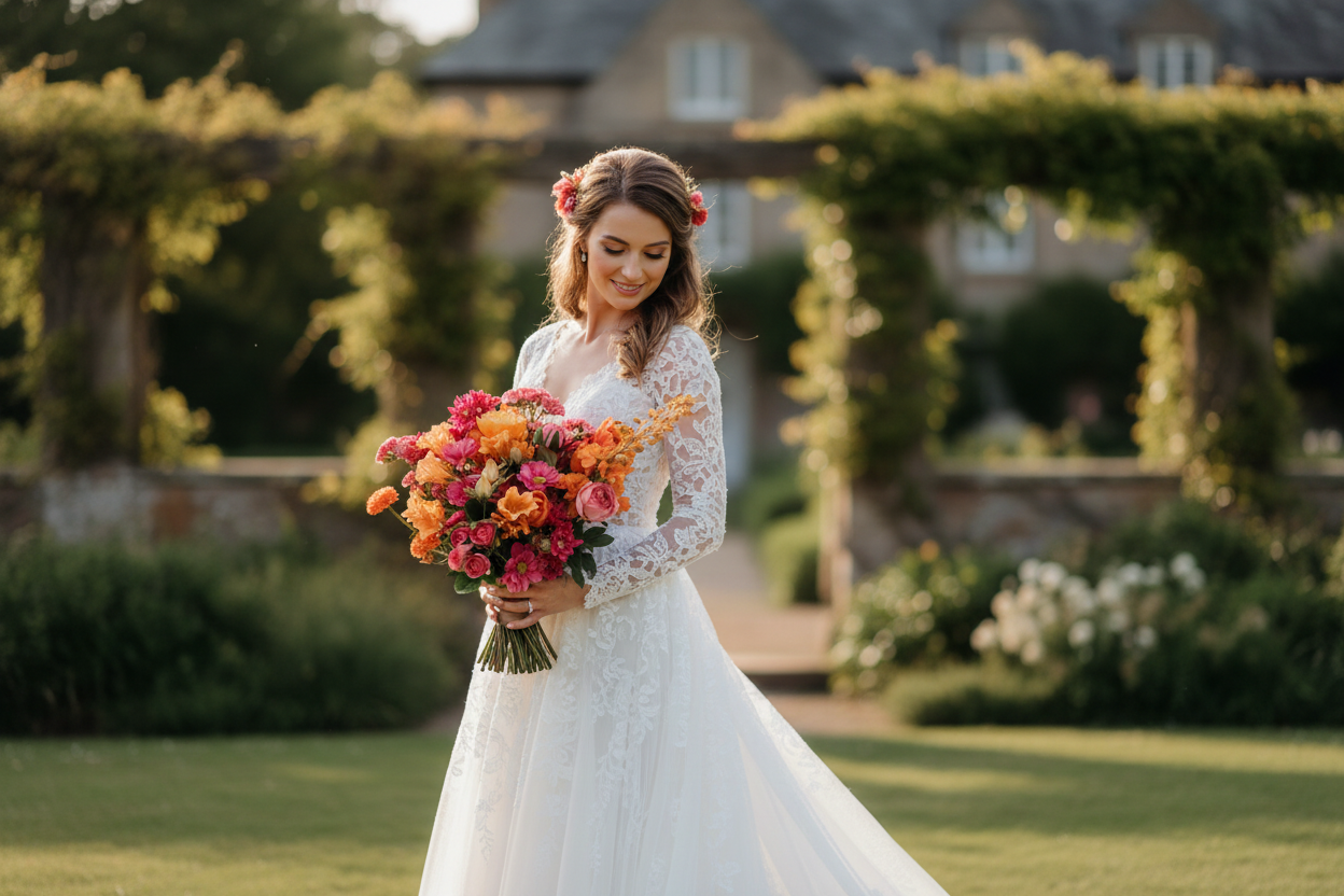 Bride holding colorful bouquet