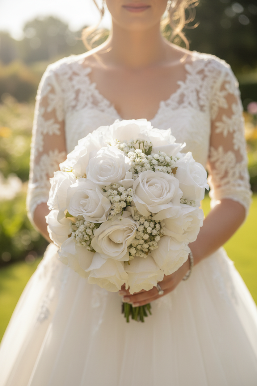 Bride holding gypsophila bouquet