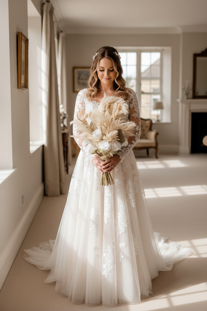 Bride holding pampas bouquet