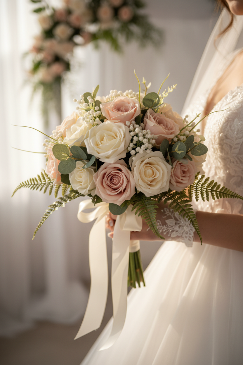 Bride holding silk rose bouquet