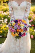 Bride holding summer garden bouquet