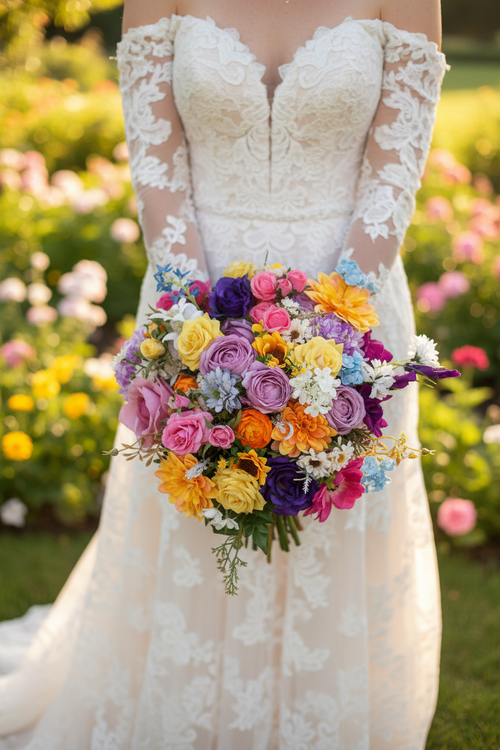 Bride holding summer garden bouquet
