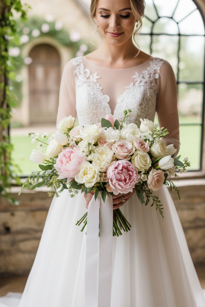 Bride holding white and blush bouquet