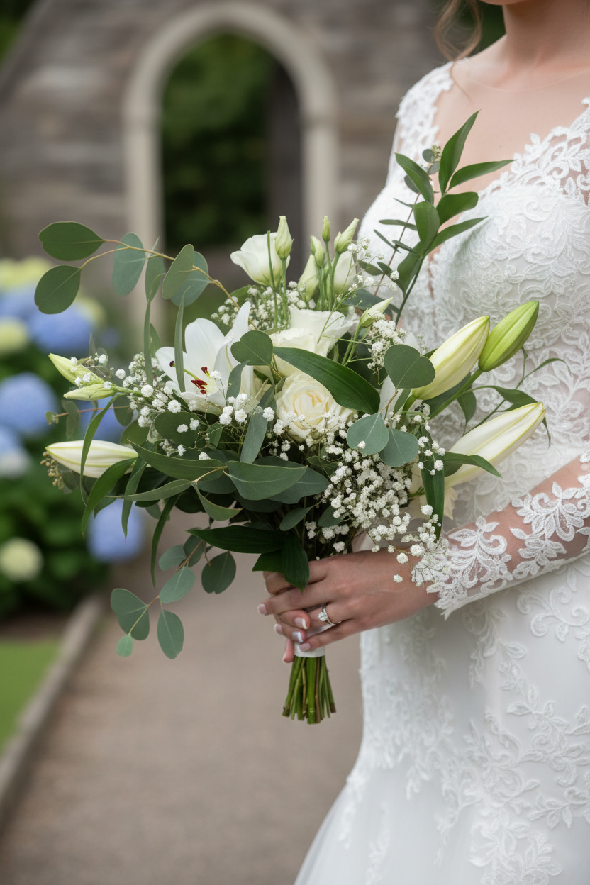 Bride holding white Nature's Bouquet