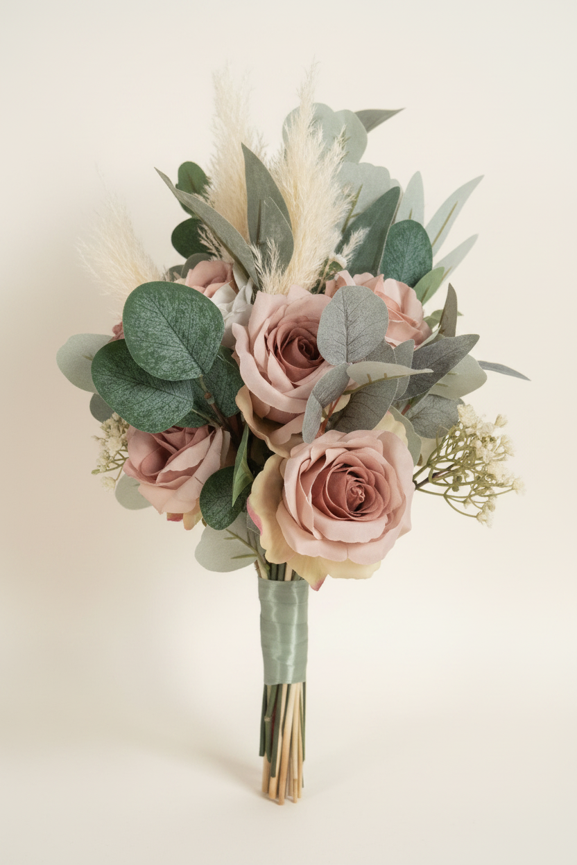 Bridesmaid bouquet sage green ribbon