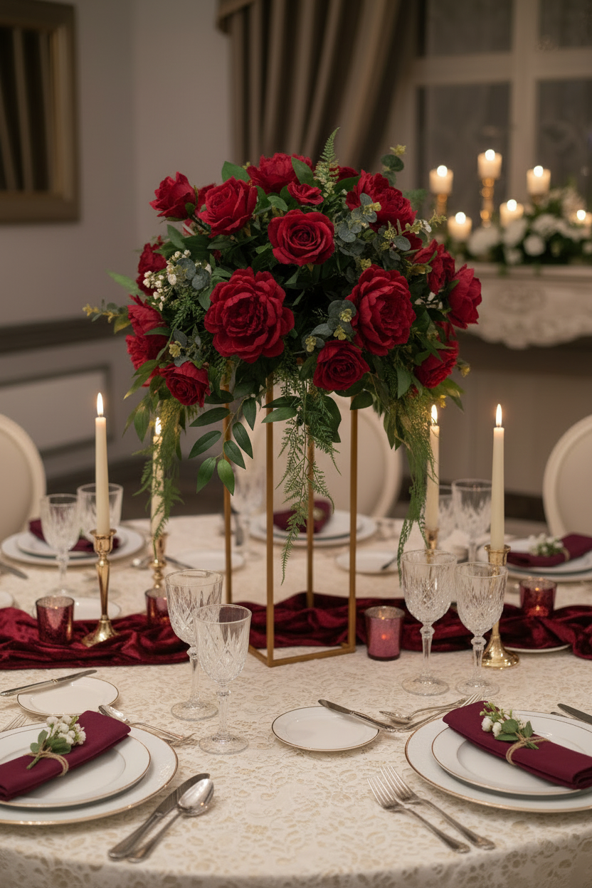 Burgundy table centre arrangement