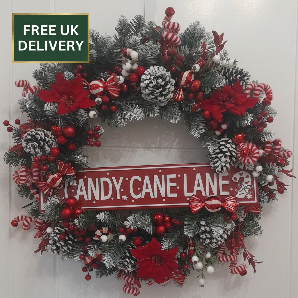 Candy Cane Lane 22 inch wreath with badge