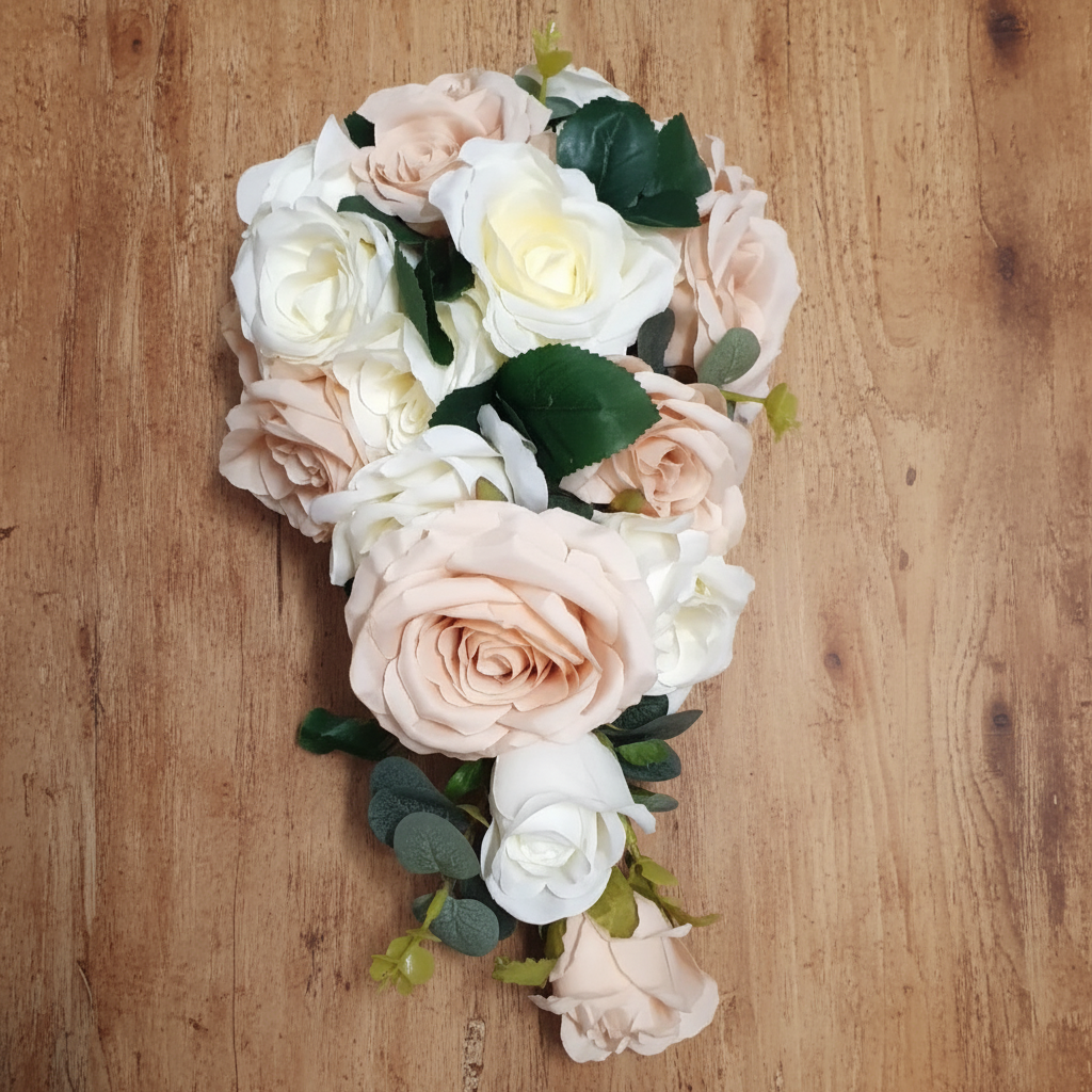 Cascading bouquet on wood