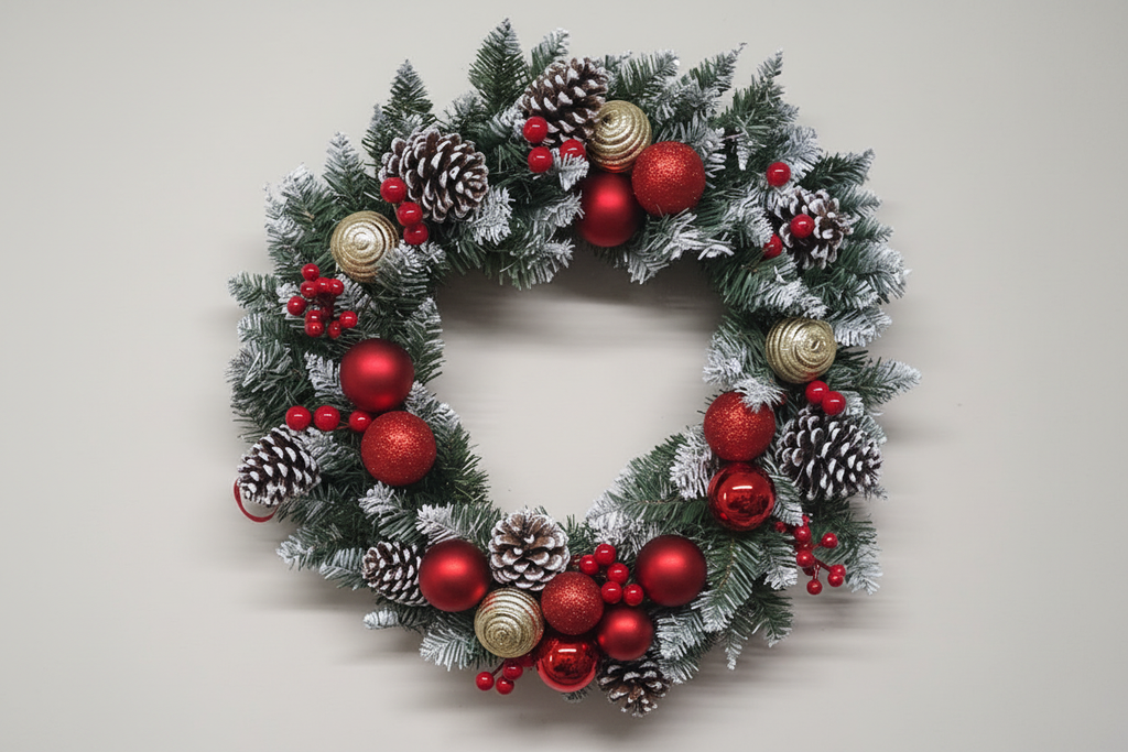 50cm frosted Christmas wreath with red and gold baubles, frosted pine cones and red berry clusters on a white background