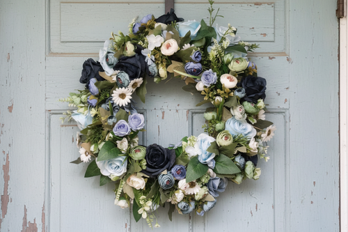 Cornflower Blue Wreath - Full View on Rustic Door