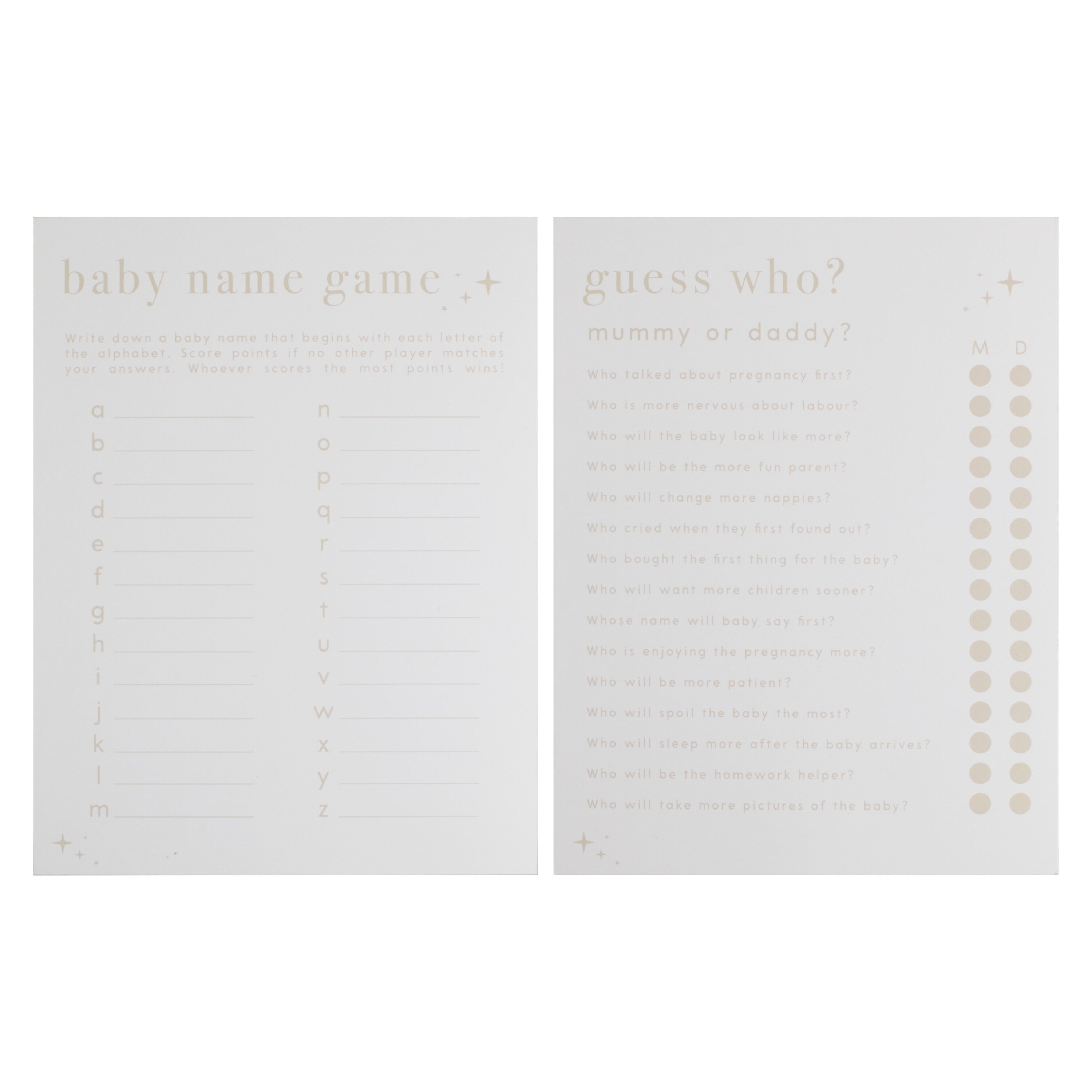 Double Sided Baby Shower Games Card