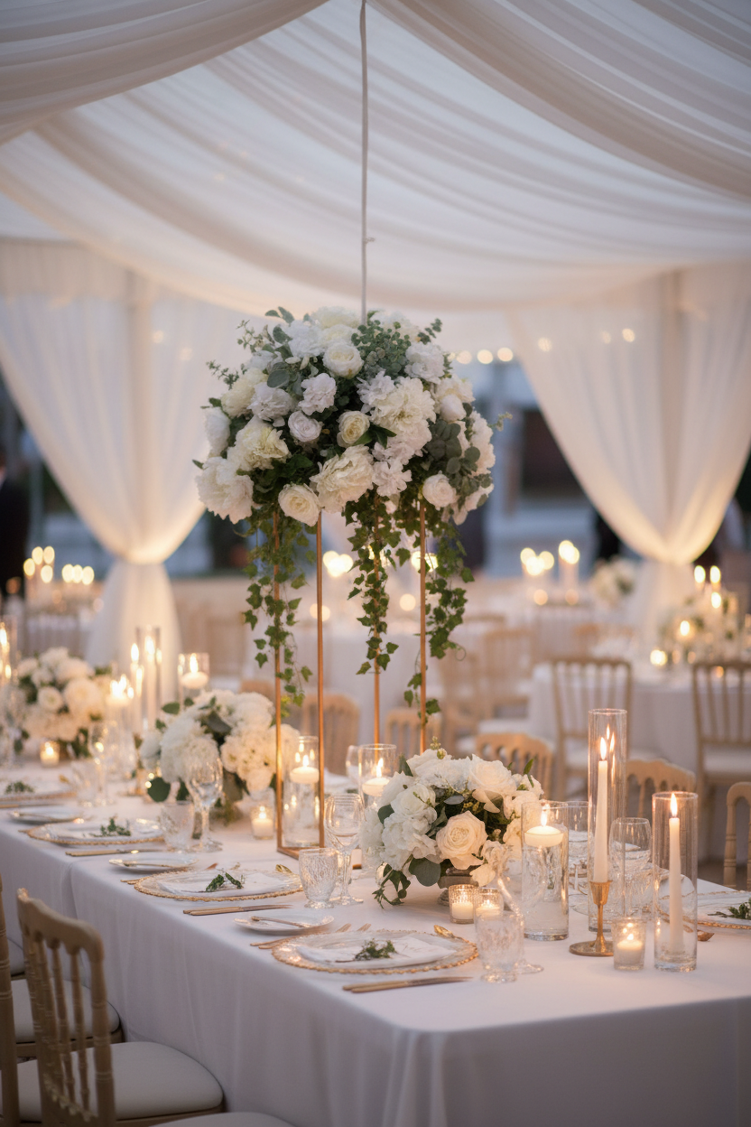Delux table centre in romantic dreamy wedding setting