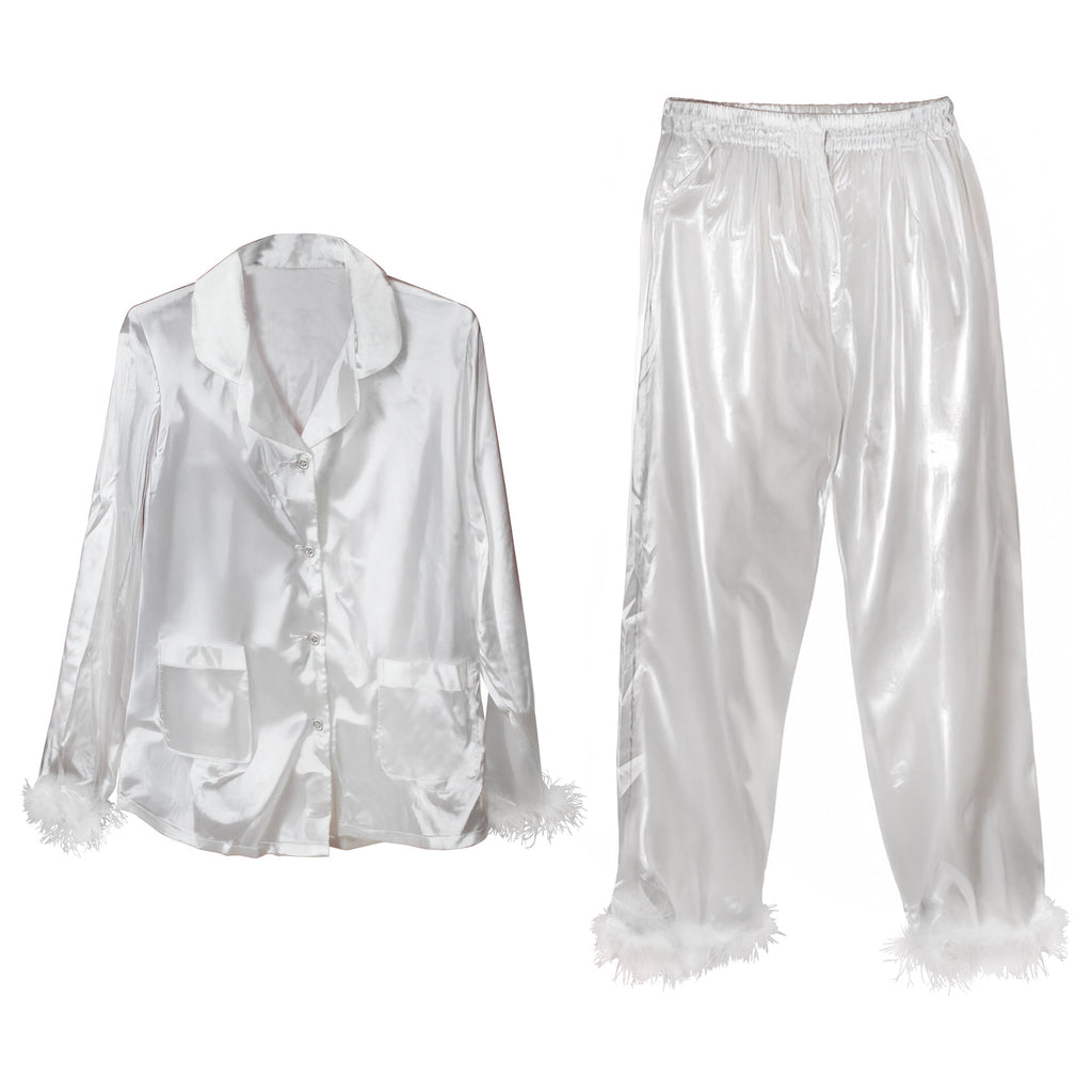 White Satin Pyjamas with Feather Trims - Small- 5 Inner Pack
