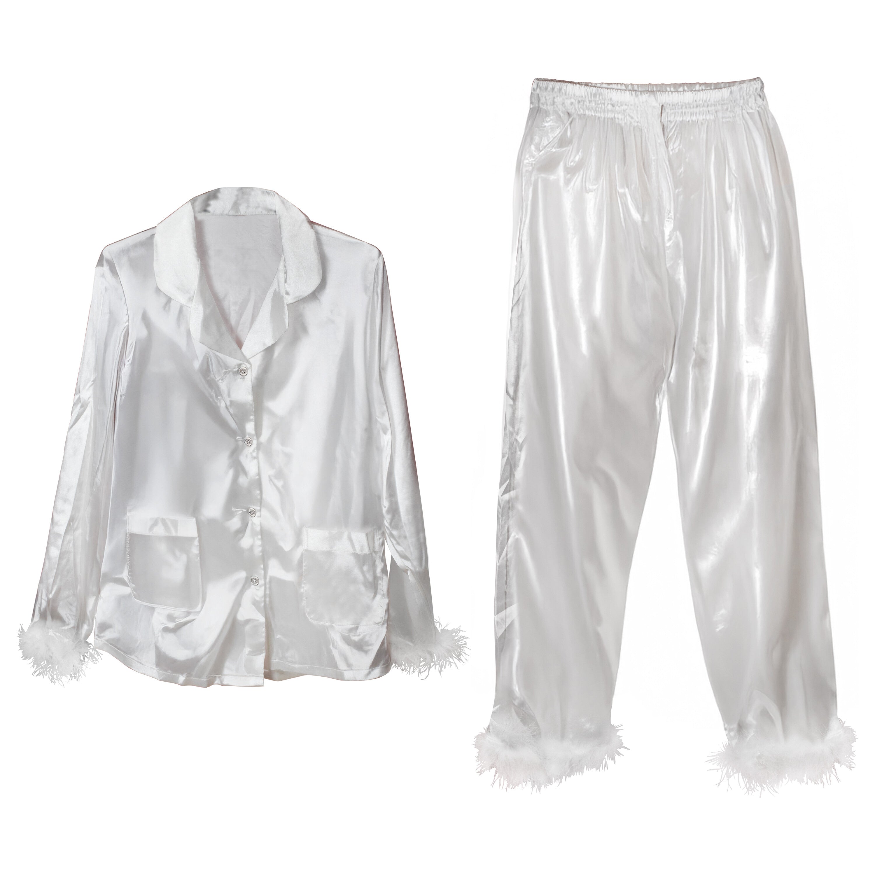 White Satin Pyjamas with Feather Trims - Medium- 5 Inner Pack