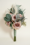 Dusky pink bouquet with sage green ribbon