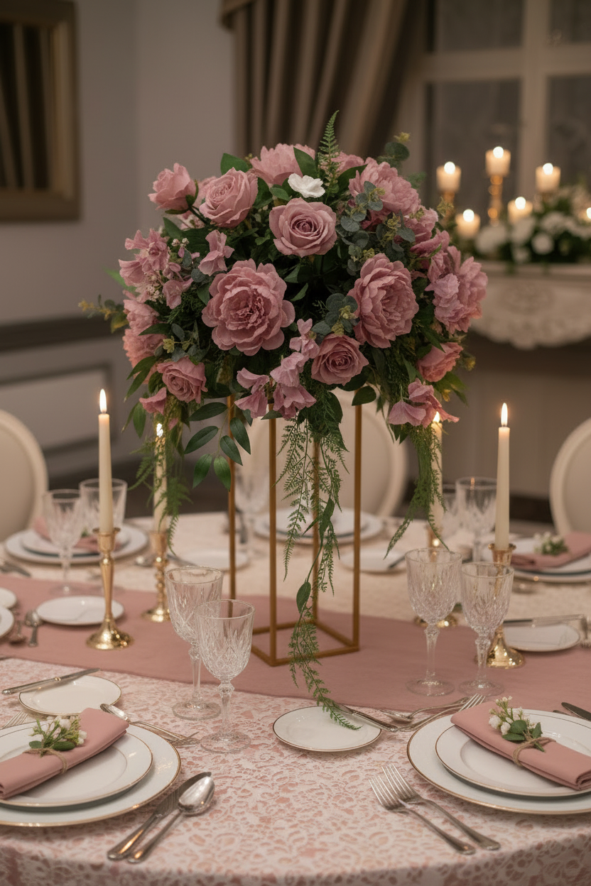 Dusky pink table centre arrangement