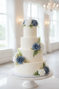 Dusty blue and white rose cake corsages on wedding cake