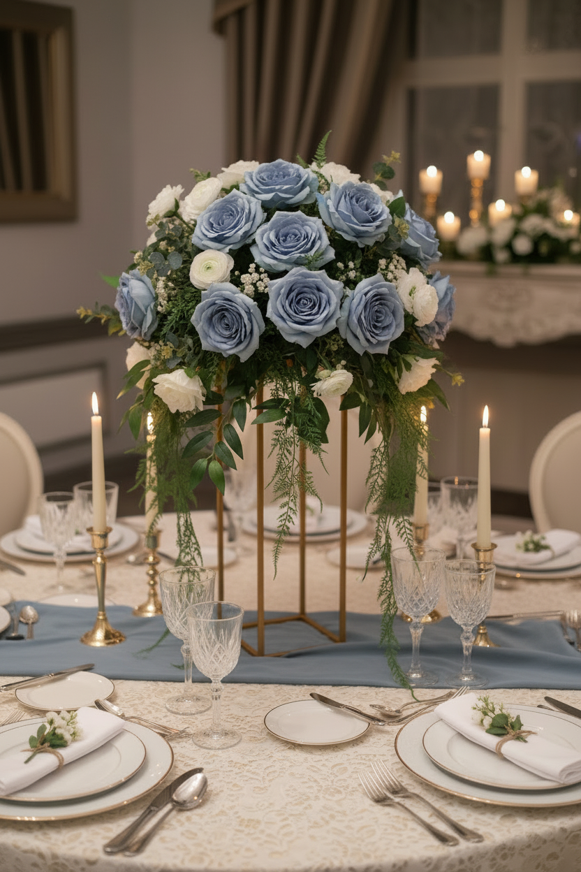 Dusty blue table centre arrangement