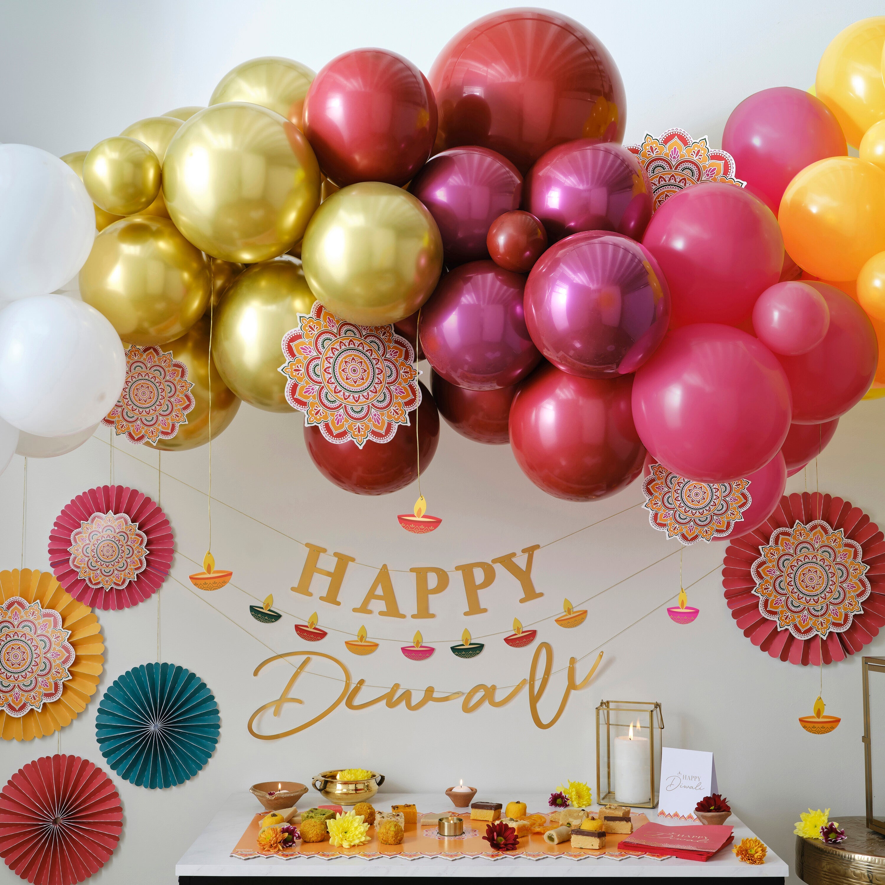 Diwali Balloon Arch Kit with Fans and Tealight Card Decorations