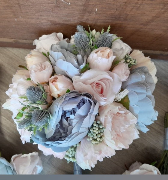 Calliope bridal bouquet close up - blush peonies and dusty blue roses