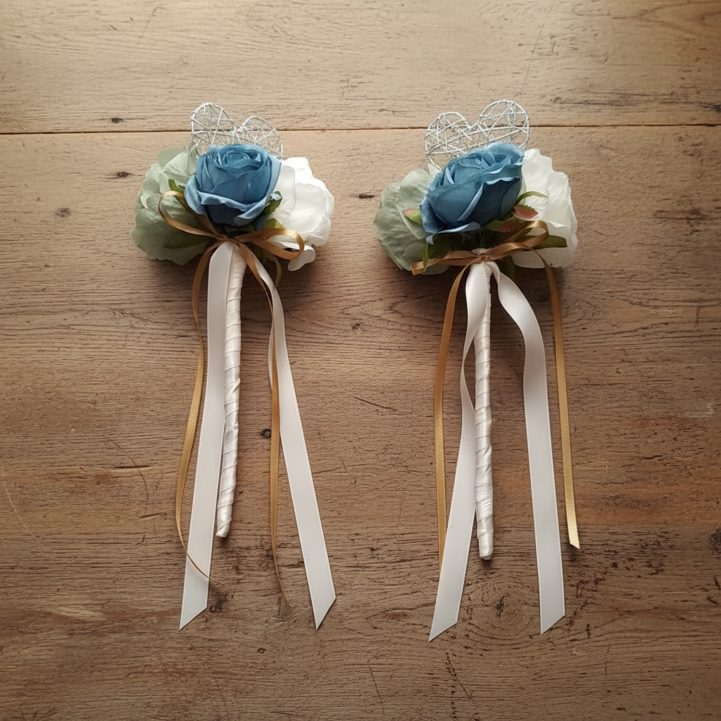 Flower girl wand on rustic wooden table