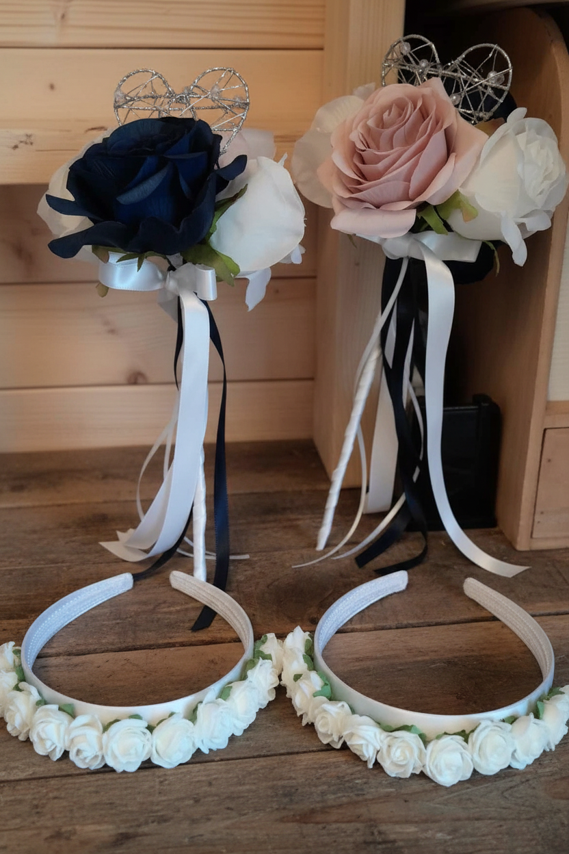 Flower wands on rustic wood