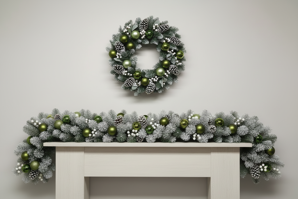 Forest Green Wreath & Garland Mantelpiece Scene