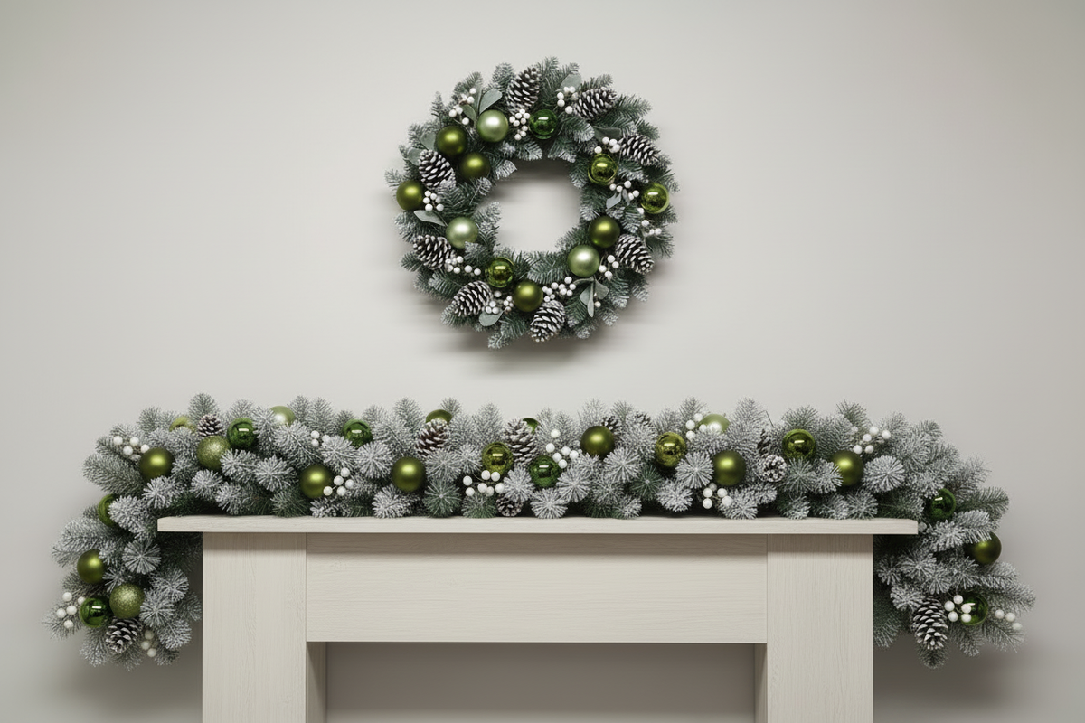 Forest Green Wreath & Garland Mantelpiece Scene