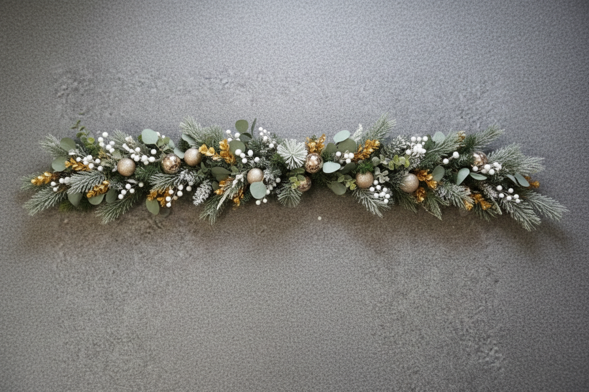 Frosted gold and white Christmas 6ft garland with eucalyptus, champagne baubles and white pearl berries on a grey background