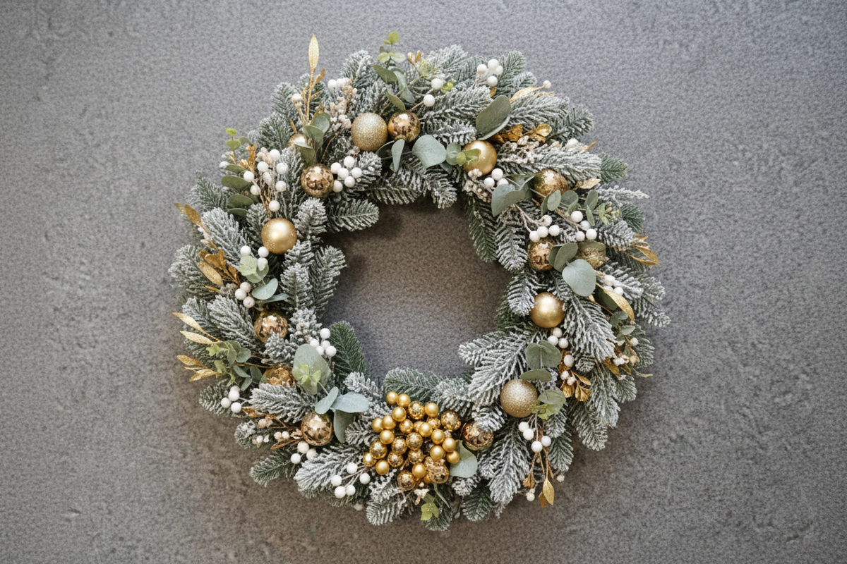 Frosted gold and white Christmas wreath with eucalyptus, champagne baubles and white pearl berries on a grey background